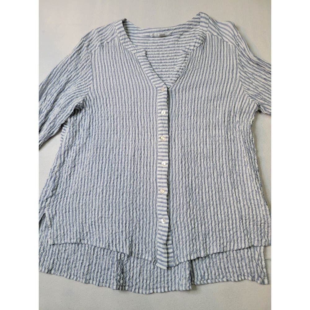 Jane + Delancey Blue White Striped Seersucker Button Up Blouse 1X Plus Size 1717